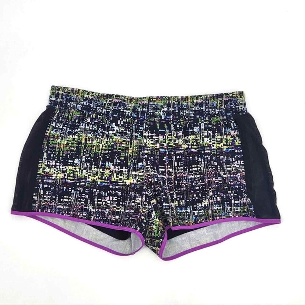 Fabletics Women Large Colorful Print Athletic Running Track Shorts Black Purple
